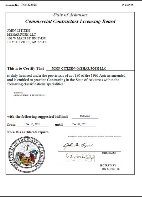 USA Arkansas Commercial Contractors License